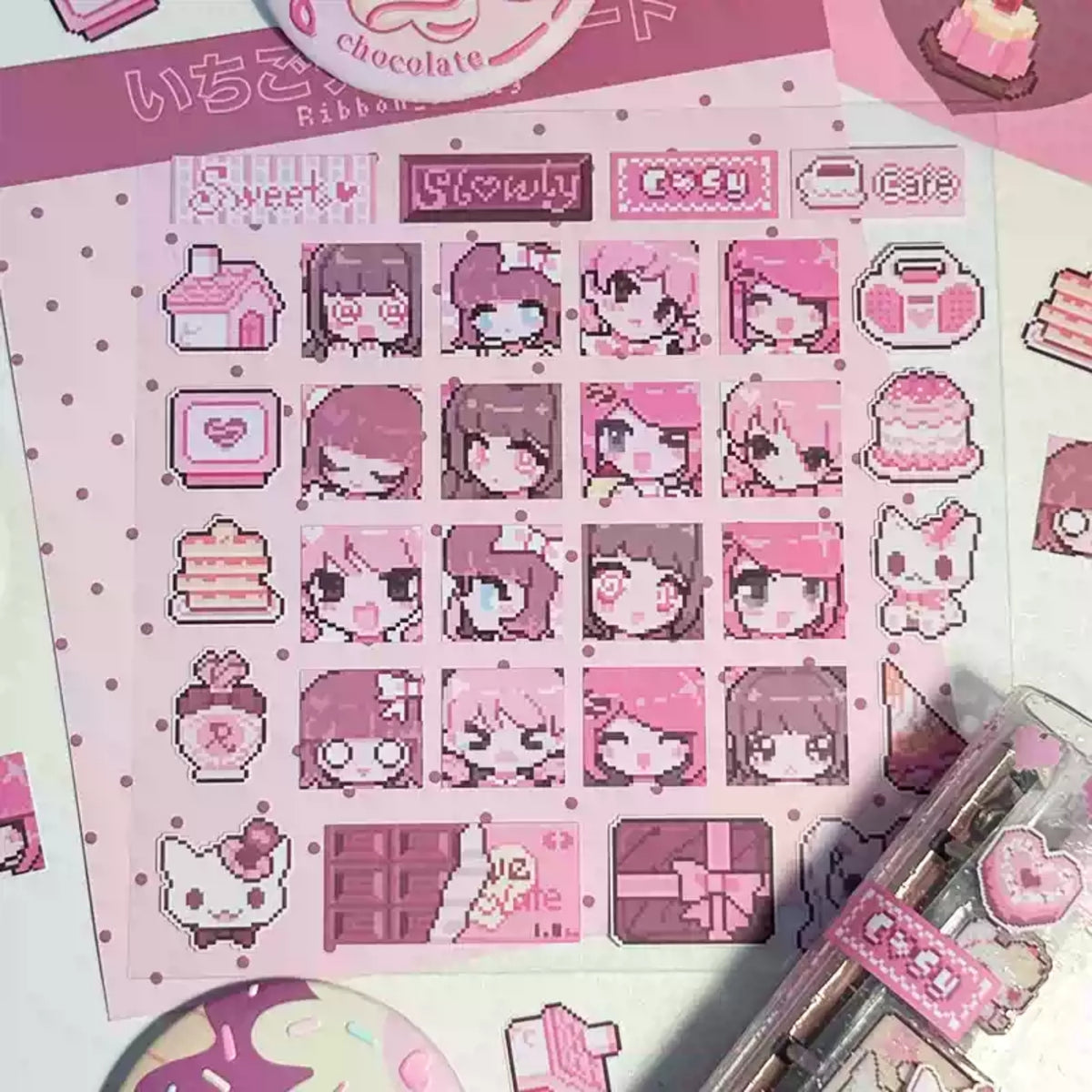 RIBBON HONEY - PINK CHOCOLATE PIXEL GAME STICKER SHEET